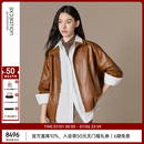 例外（EXCEPTION）女装中式大落肩袖设计皮夹克拉链皮衣外套女 深橙 M