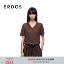ERDOS【水溶羊毛】25早秋星空亮片轻薄短袖松弛感V领女针织衫 可可 L 170/88A