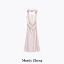 Mandy Zhang轻奢醋酸缎提花鱼骨抹胸连衣裙女春夏季新款粉色收腰飘带礼服裙子 胭脂粉 (附飘带+可拆卸肩带) M