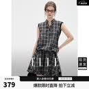 ELLE复古格纹无袖花苞连衣裙女2026夏季新款拼接a字短裙子