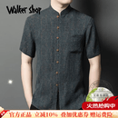 Walker Shop高端唐装男【香云纱桑蚕丝】衬衫夏季真丝短袖新中式立领国风衬衣 牛仔蓝 香云纱 XL 建议145-165斤