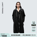 朗姿翻领长款修身双排扣仿皮衣复古摩登外套