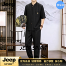 JEEP SPIRIT唐装男士夏季短袖套装中国风男装复古风中式衬衫休闲运动服装 黑色 M 【100-120斤穿】