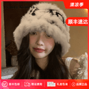 CRANTA KOMEIA盆帽女士秋冬毛绒绒针织醒狮渔夫帽显脸小护耳保暖显脸小毛线帽子 黑色 高级感送老婆女朋友实用高档