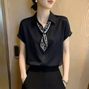 【轻奢设计感】翻领系带丝巾短袖小衫女士新款时尚宽松修身上衣 黑色 XL 建议110-120斤