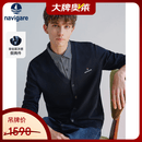 Navigare小帆船假两件休闲毛衣男士春秋季简约条纹衬衫V领针织衫 海军蓝 XL