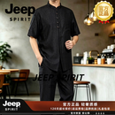 JEEP SPIRIT香云纱中式半袖中国风短袖复古盘扣唐装汉服宽松中式衬衫休闲套装 黑色 M