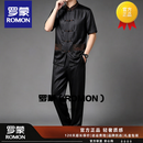 罗蒙唐装夏季男士套装中国风短袖衬衫中式服装男装太极服桑蚕丝套装 黑色 2XL