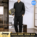 JEEP SPIRIT唐装男套装中国风男装春夏季古风汉服茶艺师服装居士服佛系衣服 黑色 M 【100-120斤穿】