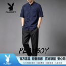 花花公子（PLAYBOY）短袖衬衫男唐装中国风套装复古风衬衣中式男装香云纱真丝 深蓝色 M (39) 90-115斤