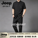 JEEP SPIRIT唐装香云纱真丝男士夏季中国风套装短袖长裤休闲汉服男装古装衣服 黑色 XL