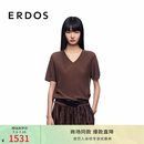ERDOS【水溶羊毛】25早秋星空亮片轻薄短袖松弛感V领女针织衫 可可 L 170/88A