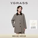 VGRASS26早春新款色织格纹精纺羊毛复古优雅灯芯绒翻领中长大衣女 格纹色 S