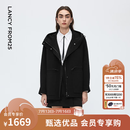 朗姿短款纯羊毛黑色高级感连帽大衣秋冬冬女款新款毛呢外套 黑色 M