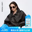 朗姿设计感时尚环保皮衣女纯色复古重工夹克外套冬季新款 深咖色 S