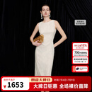 朗姿【时装周同款】桑蚕丝立体绒花连衣裙新中式气质长裙2026夏新款 米白色 S