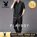 花花公子（PLAYBOY）唐装男宽松套装香云纱真丝衬衫蚕丝短袖衬衣中国风民族风交领 黑色套装 S