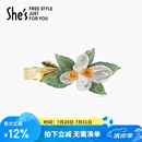 She's茜子发饰梵高玫瑰手工叠花横夹刺绣叶片马尾发夹生日礼物送女友