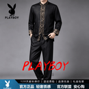 花花公子（PLAYBOY）唐装男长袖套装中国风男装爸爸中式立领衬衣老人爷爷太极服 黑色+金色 2XL