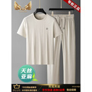 秃鹫高端品牌夏季款天丝亚麻套装男休闲运动棉麻短袖t恤爸爸装两件套 杏色-套装 XL 建议【130-155斤】