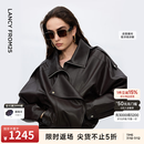 朗姿设计感时尚环保皮衣女纯色复古重工夹克外套冬季新款 深咖色 S