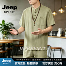 JEEP SPIRIT中国风唐装男士短袖套装夏季新款宽松透气复古风汉服休闲运动套装 绿色 M
