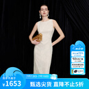 朗姿【时装周同款】桑蚕丝立体绒花连衣裙新中式气质长裙2026夏新款 米白色 S