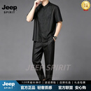 JEEP SPIRIT中国风唐装真丝短袖T恤套装男士宽松唐装复古风男装香云纱套装 黑色 M 170【建议95到115斤】