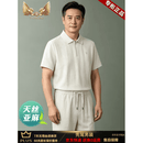 秃鹫高端天丝亚麻短袖半拉链Polo衫套装男士夏季宽松阔腿裤薄款两件套 麻杏色-【清凉透气套装】 XL 亚麻男装套装 建议【130-155斤】