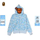 BAPE女装26年春夏BABY LISA卡通小猴迷彩拉链鲨鱼连帽卫衣X01152Q 蓝色BLX M