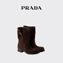 PRADA/普拉达【明星同款】女士绒面牛皮革短靴靴子 深棕色 35