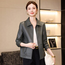 Q ZHIHE品牌真皮皮衣女2026秋季新款气质头层绵羊皮短款中年妈妈夹克外套 灰绿色 M 90-105斤