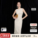 朗姿【时装周同款】桑蚕丝立体绒花连衣裙新中式气质长裙2026夏新款 米白色 S