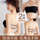 兰缪（LAMIU）无肩带美背内衣女防滑防走光抹胸一片式露背一体内搭文裹胸薄款 黑色+黑色 M 【均码适合80-130斤】