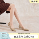 千百度【静音系列】小猫跟高跟鞋女春秋气质裸色浅口尖头单鞋百搭 卡其色 37