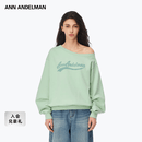 ANN ANDELMAN【腻腻同款】发泡印花斜领单肩卫衣露肩上衣 薄荷绿 M