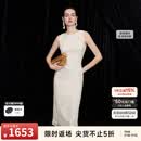 朗姿【时装周同款】桑蚕丝立体绒花连衣裙新中式气质长裙2026夏新款 米白色 S