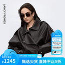 朗姿设计感时尚环保皮衣女纯色复古重工夹克外套冬季新款 深咖色 S