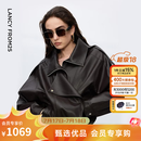 朗姿设计感时尚环保皮衣女纯色复古重工夹克外套冬季新款 深咖色 S