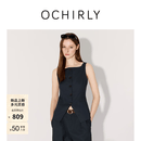 欧时力OCHIRLY[新品]马甲2026夏季棉麻方领无袖外套上衣女士高级感显瘦 深蓝 M