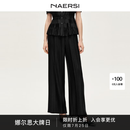 娜尔思（NAERSI）方领镶钻流光压褶短袖小衫/长裤套装2026年夏季新款 黑色-NV05219W0 XL