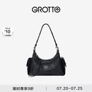 GROTTO个乐新款吐司hobo包植鞣羊皮腋下单肩斜挎软包通勤礼物 经典黑/亮银 S