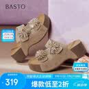 百思图26复古牛皮厚底勃肯鞋凉鞋外穿女烟花拖鞋BP616BT6 杏色 37