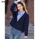 Q ZHIHE拼接假两件衬衫领卫衣女26秋季新款设计感小个子上衣外套女装 藏青色 M