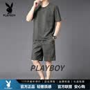 花花公子（PLAYBOY）香云纱男装真丝桑蚕丝上衣短袖短裤套装男大码五分裤T恤男夏季 黑色 M 100-120斤