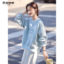 Q ZHIHE棉质字母卫衣女2026秋季新款蓝色宽松运动休闲舒适百搭上衣 冰川蓝 S