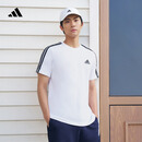 adidas纯棉休闲三条纹针织运动圆领正肩短袖T恤上衣男夏阿迪达斯   白/黑色   M