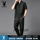 花花公子（PLAYBOY）蚕丝唐装男夏季短袖套装复古风中式衬衫两件套中国风立领百搭 黑色 M 100-120斤