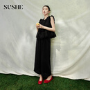 束皙SUSHE【织序】法式复古 显瘦蕾丝荷叶边上衣/休闲裤套装女夏 夜樱黑-休闲裤 L