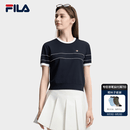 FILA 斐乐官方女子编织衫2026夏季新款简约基础短袖上衣撞色短装 藏烟蓝-DB XL 175/92A/XL